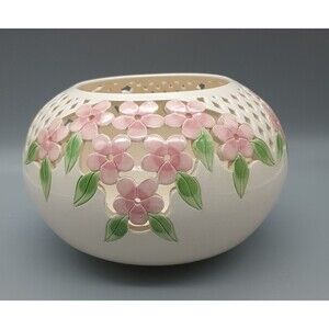 David Nelson Pottery Vase Round Bowl Pierced Cut Out Dogwood Flowers Pink